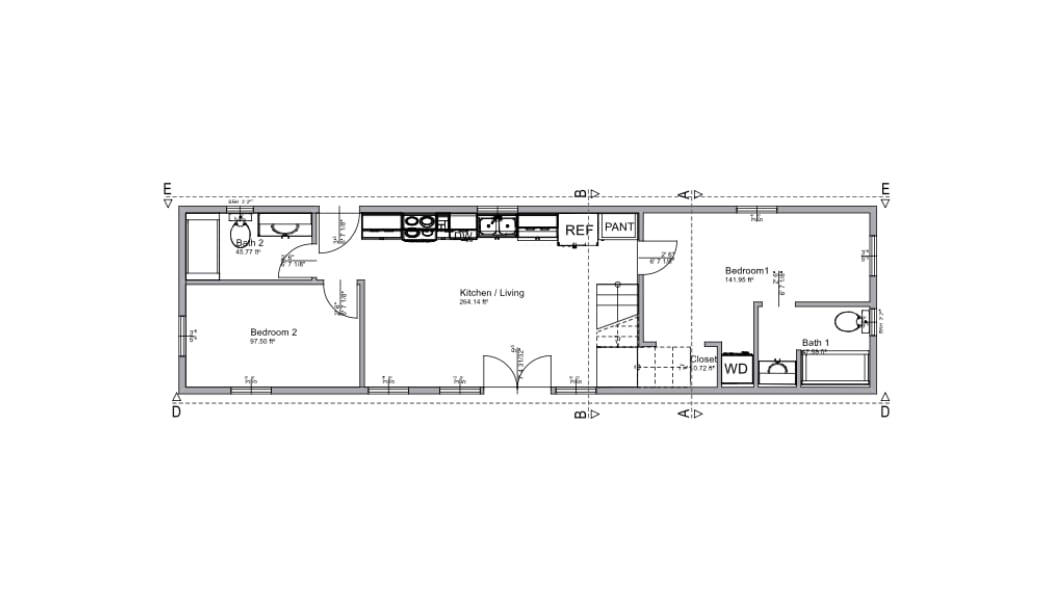 Dimensioned floor plan of a modular unit showing two bedrooms, a bathroom and an open kitchen and living area