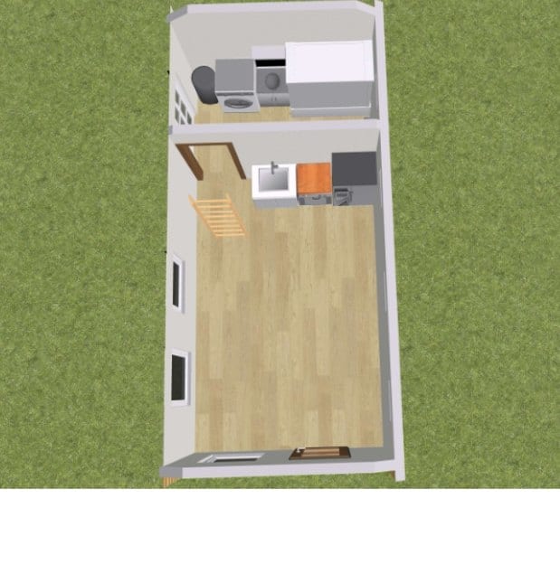 Top-down 3D model of a modular unit with the roof removed, showing the kitchen, bathroom and open living space