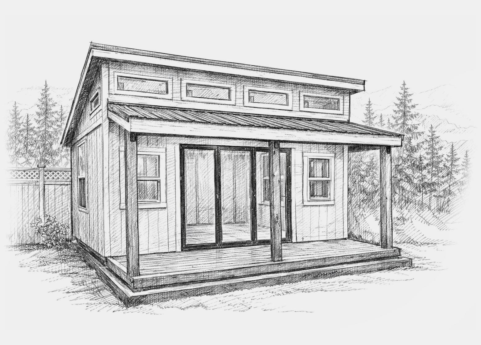 Pre-engineered modular building plan — elevation drawing of a one-slope unit with a covered porch
