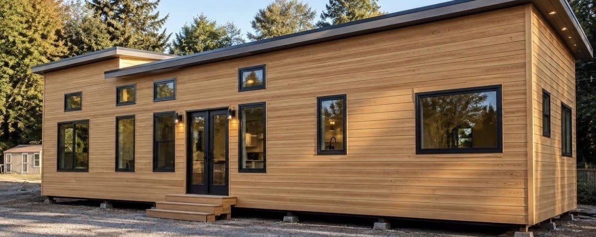 Long single-storey modular home in cedar lap siding with black-framed windows and French doors, set on its site